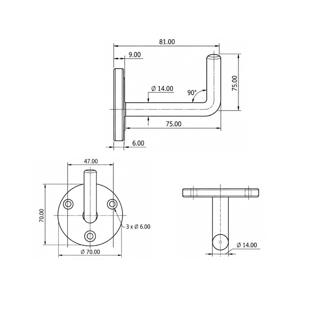 Mild Steel Handrail Bracket- 75mm Centre Line - 14mm Bar - Image 2